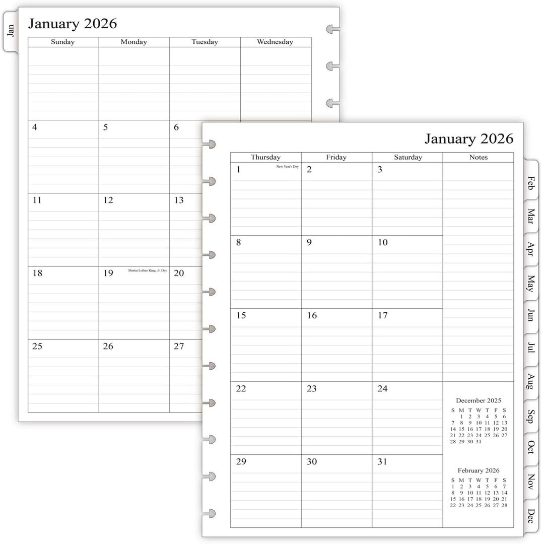 newestor 2026 Monthly Planner Refill for 11-Discbound Notebooks, Two Pages Per Month, Letter Size, 8-1/2" x 11"