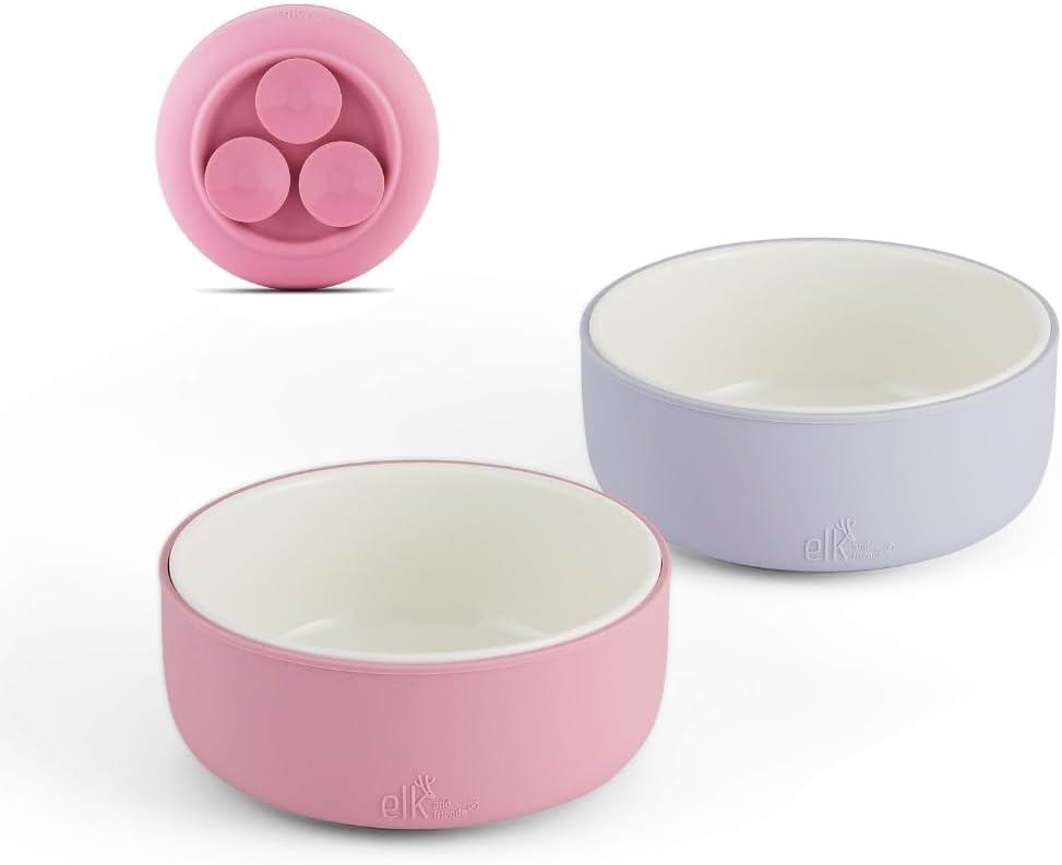 Elk and Friends Kids Porcelain Bowls with Silicone Suction Sleeves | Suitable for Babies/Toddlers | Microwave & Dishwasher Safe | Stay Put Dinnerware | Snack Dishes | 2 Pack (Lilac/Blush)
