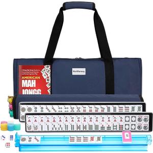 American Mahjong Tile Set,166 White Tiles Mahjong Set,4 Colors Mahjong Racks,Travel Mahjong Set with Blue Carrying Bag