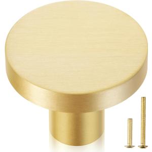 QOGRISUN 10-Pack Solid Brass Cabinet Knobs, 1-Inch Diameter, Round Gold Dresser Drawer Pulls Handles, Modern Kitchen Hardware, Brushed Brass Finish