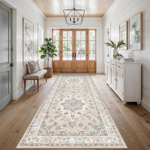 4x10 Wide Hallway Runner Rug: Washable Vintage Runner Rug with Non Slip Backing Low Pile Carpets for Kitchen Bathroom Stain Resistant Carpet for Entry Living Room Dining Room Thin Floor Mat 4x10 Beige