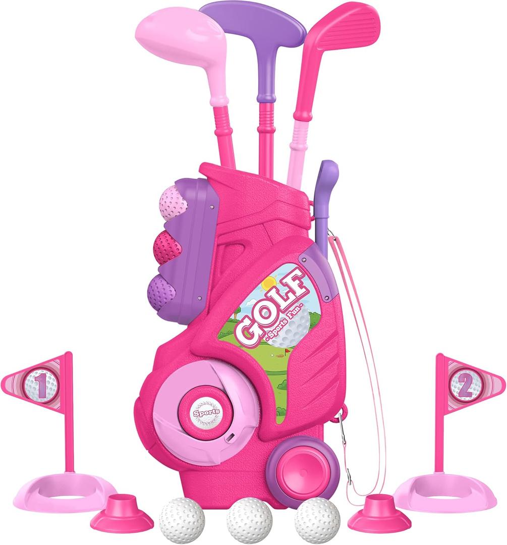 Liberry Toddler Golf Set for 1 2 3 4 Years Old, Upgraded Kids Golf Cart with Unique Shoulder Strap Design, Indoor and Outdoor Golf Toys Christmas Gift for Boys Girls (Pink)