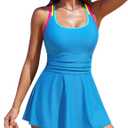 Blooming Jelly Womens Tummy Control One Piece Swimsuit Color Block Slimming Swim Dress Modest 1 Piece Bathing Suit(XL, Blue)