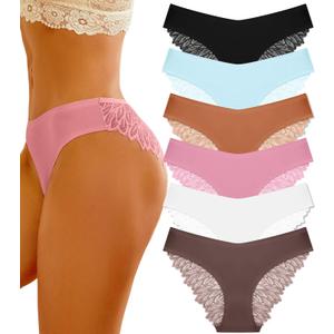 FINETOO 6 Pack Sexy Underwear for Women Silky Seamless No Show Panties Ladies Lace Bikini Lightweight Cheeky Hipster (Medium, Black & Fishwater & Brick Yellow & Caramel & White & Mocha Gray)