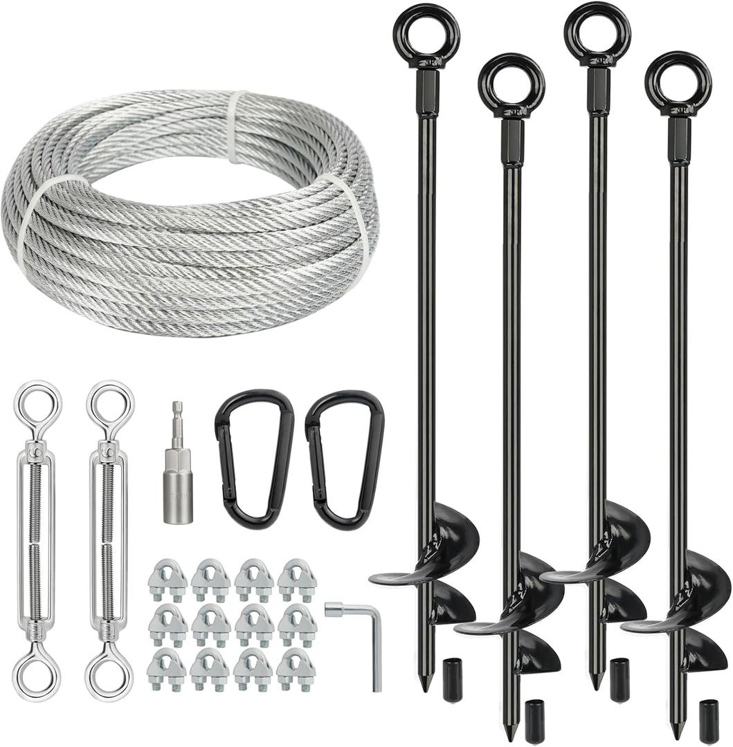 4 Pcs 30" Long Ground Anchors Shed Anchors Kit with 3/16" Galvanized Cable & Turnbuckles & Carabiners, Heavy Duty Earth Anchors for Sheds Trees Trampoline Greenhouse Swing Set Tent