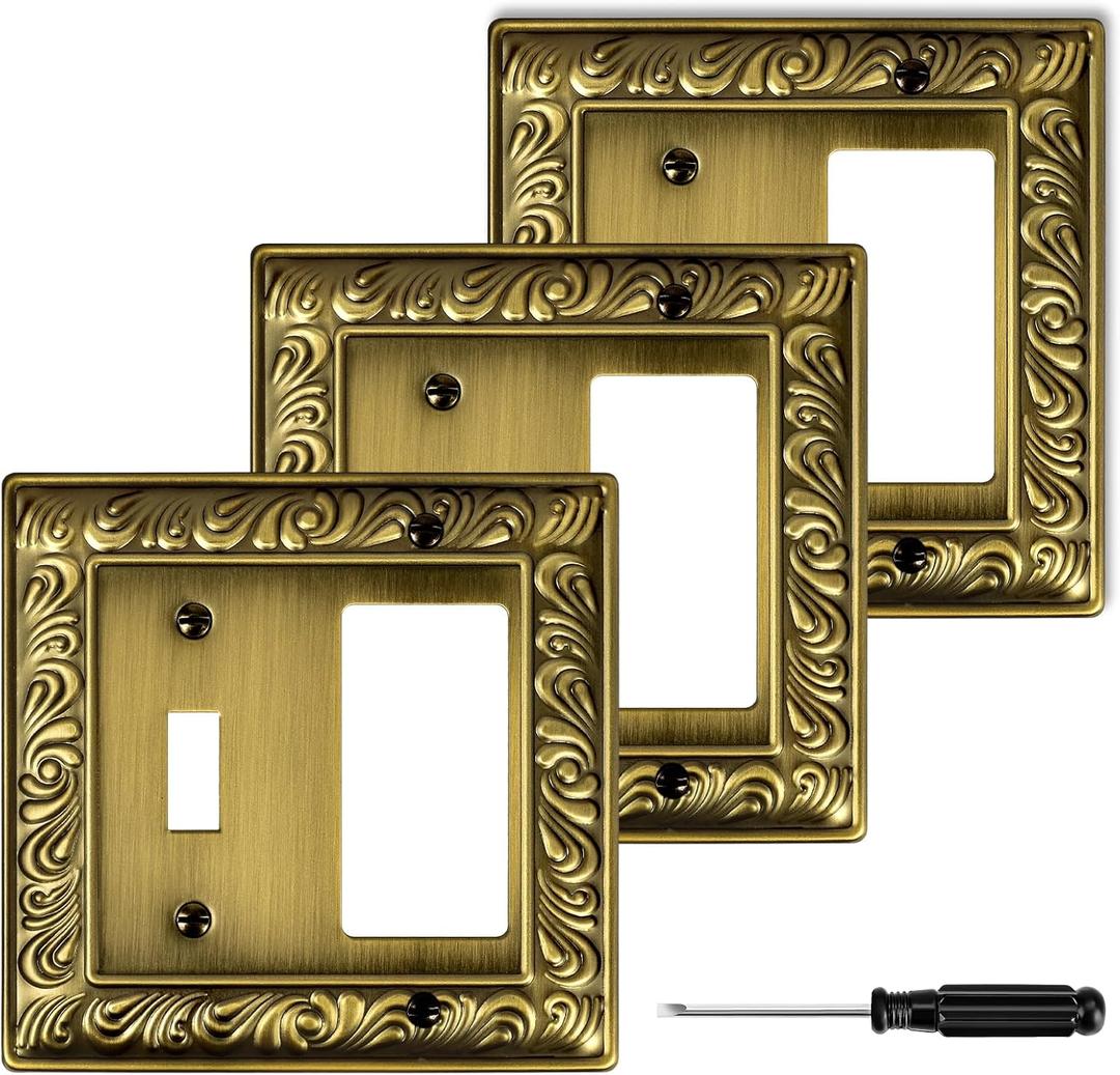 Antique Brass Decorative Wall Plate Light Switch Cover Decorator Outlet Covers Rocker Switch Plates Metal Material Wall Plates for Kitchen Bathroom (2 Gang Toggle/Decorator-3 Pack)