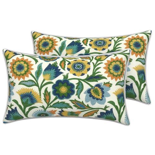 LVTXIII 2 Pack Outdoor Lumbar Pillow Covers 12x20 Inch with Piping, Water-Repellent Back Cushion Covers ONLY for Patio Furniture, Sofa, Garden Bench, Fiesta Floral