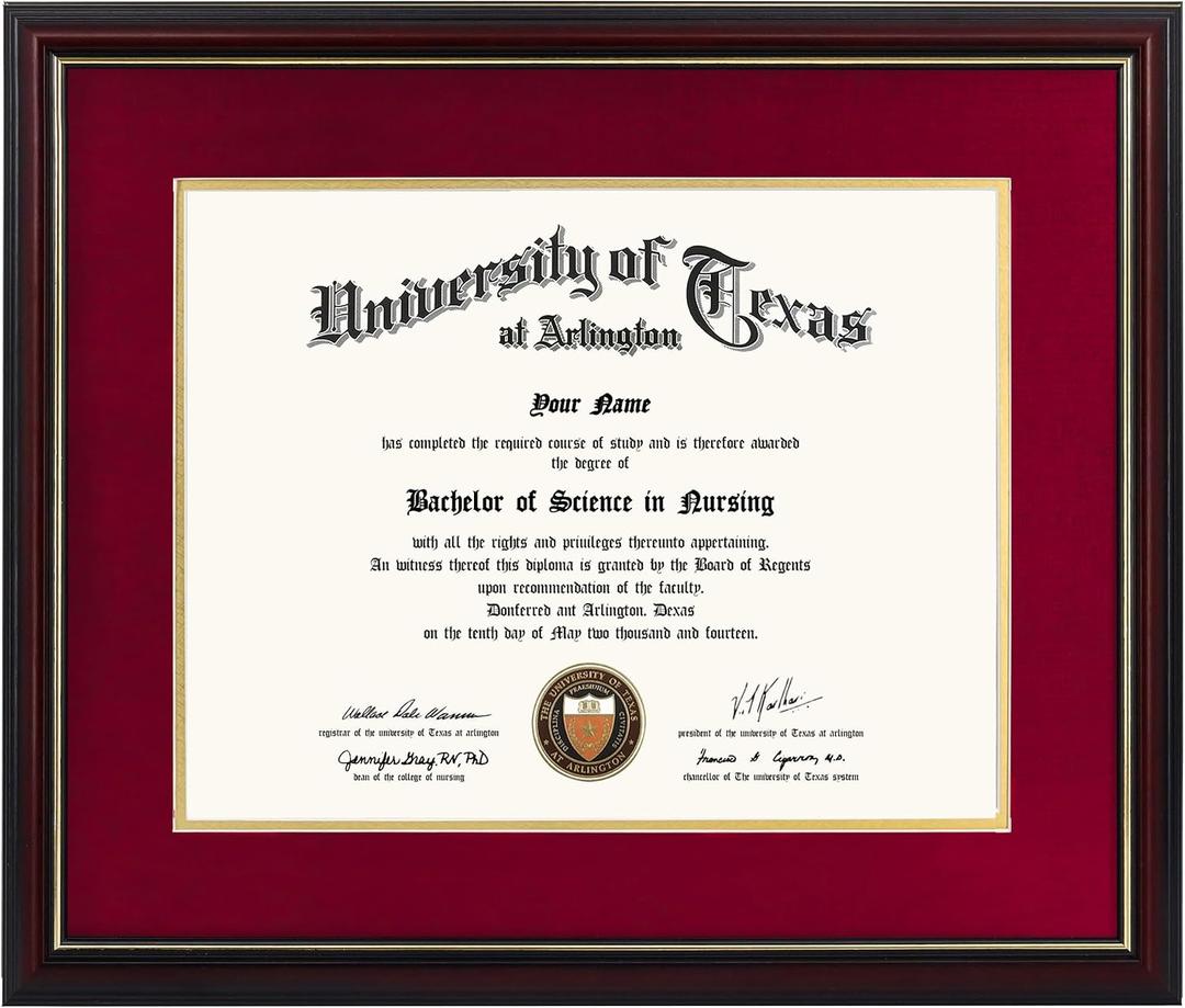 GraduationMall 11x14 Diploma Frame with Red over Gold Mat or Display 15x18 Certificate without Mat,Solid Wood & Tempered Glass,Cherry Finish with Gold Trim