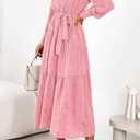 dowerme Women's Casual Dresses 2025 Fall Fashion Long Sleeve Button Up Floral Print Belted Tiered Boho Maxi Party Dress (Pink, XL)