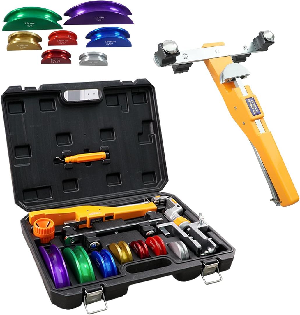 Ratcheting Pipe Tube Bender Set 1/4" to 7/8" O.D., 90 Forward & Reverse Bending Tool W/ 7 Color-Coded Aluminum Heads, Pipe Cutter & Deburring Tool for HVAC, Refrigeration & Plumbing