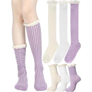 3 Pairs Cotton Knit Boot Knee High Stockings with Lace Trim Slouch Stacked Scrunch Socks (White,beige,pink)