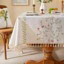 Laolitou Spring Pink Floral Table Cloth Rectangle Table, Embroidery Heavy Duty Cotton Linen Tablecloth, Farmhouse Rustic Waterproof Wrinkle Free Tablecloths with Tassels, Pink Flower, 55120 Inch