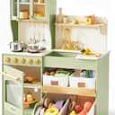 Tiny Land Wooden Play Kitchen for Kids  Enhanced Storage with Cabinets & Bins, Modern Toddler Kitchen Playset with Stove, Sink & Accessories (Green)