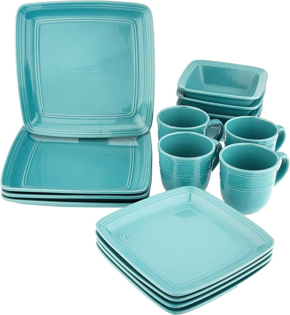 American Atelier Square Dinnerware Sets | Turquoise Green Kitchen Plates, Bowls, and Mugs | 16 Piece Stoneware Madelyn Collection | Dishwasher & Microwave Safe | Service for 4