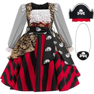 Girls Pirate Costume Buccaneer Princess Dress Up for Kids with Accessories Halloween Cosplay Party Outfit (9-10 Years, Red)