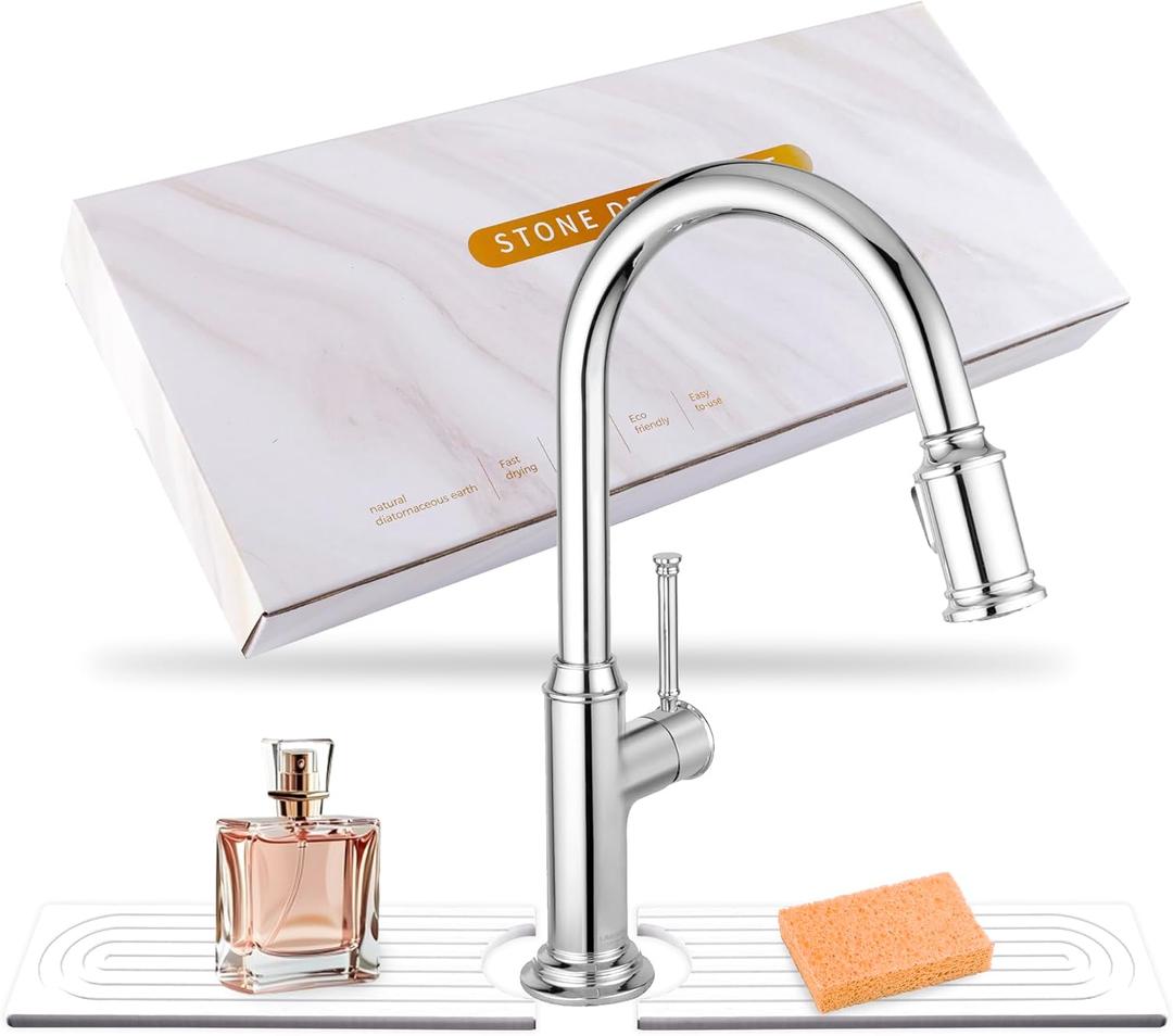 23.6" x 3.9" Faucet Mat for Kitchen Sink, Water Absorbent Diatomite Stone Drying Sink Protectors/Tray, Kitchen Sink Splash Guard Behind Faucet, Fast Drying Faucet Splash Guard for Bathroom Counter