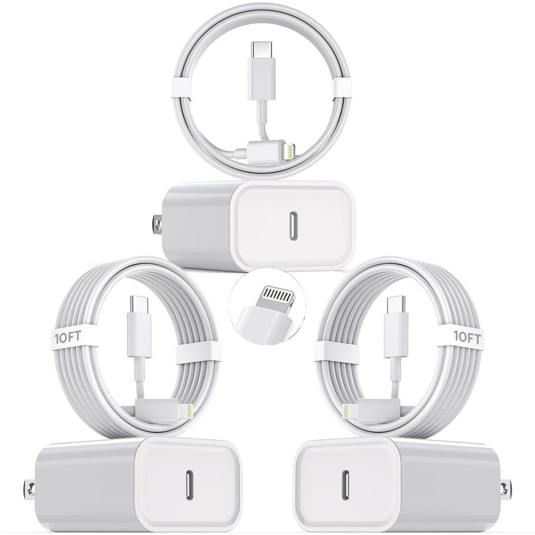 10Foot Fast iPhone Charging Cable,3-Pack Super Fast i Phone Charger USB C Charging Block Wall Charger PD Adapter with 10FT Type C to Lightning Cable Cord for iPhone 14/13/12/11ProMax/XS Max/XS/XR/8/SE