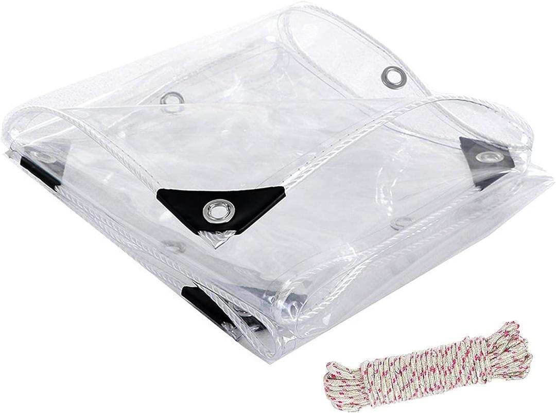 Clear Vinyl Tarp with Grommets, PVC Clear Tarp 14 Mil Thick, Protects Against Water, Uv-Ray, Tear, Waterproof Transparent Cover for Patio and Outdoor Spaces (810)