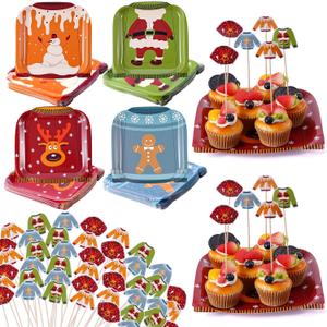 200 Pcs Christmas Ugly Sweater Paper Plates and Toothpick Flags Set Disposable Gingerbread Santa Plates Ugly Sweater Party Decorations Xmas Holiday Supplies for Pizza Dessert Cookies Salad