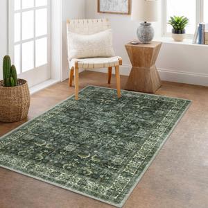 Anidaroel Washable 3x5 Area Rug for Entryway, Non Slip Boho Green Rug for Living Room Soft Accent Rugs for Bedroom, Distressed Indoor Entry Mat Carpet for Kitchen Bedside Dorm Playroom (3'x5', Dark Green)