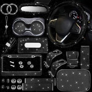 25PCS Bling Car Parts Set, Car Parts Set Female Plug Universal 15 Inch, Shiny License Plate Frame, Center Console Cover and Rearview Mirror Set and Other Car Accessories, (Black)