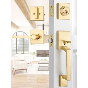 EHOMEWARE Gold Front Door Handle Set, Brass Heavy Duty Square Door Lever & Single Cylinder Deadbolt Combo Reversible for Entrance Exterior Doors 1 Set