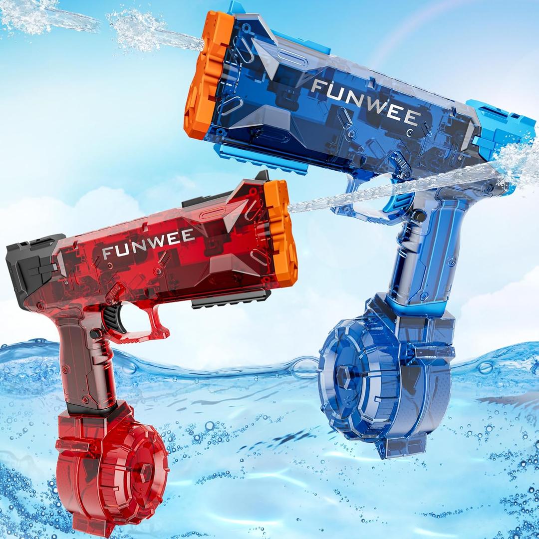 Funwee 2 Pack Electric Water Guns, Full Automatic Electric Squirt Gun High Capacity 500+ Water Blasts, Long Range Water Pistol Blaster Soaker, Summer Outdoor Pool Auto Water Toy for Adult Kid (Light Blue+red)