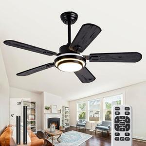 42 Inch Black Ceiling Fans with Lights Remote Control,5 Blades Wood Noiseless Modern Ceiling Fans for Indoor,Outdoor,Bedroom,Living Room,Office,Farmhouse