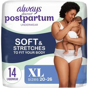 Always Discreet Postpartum and Adult Incontinence Underwear for Women, Size XL, Maximum Protection, 14 CT