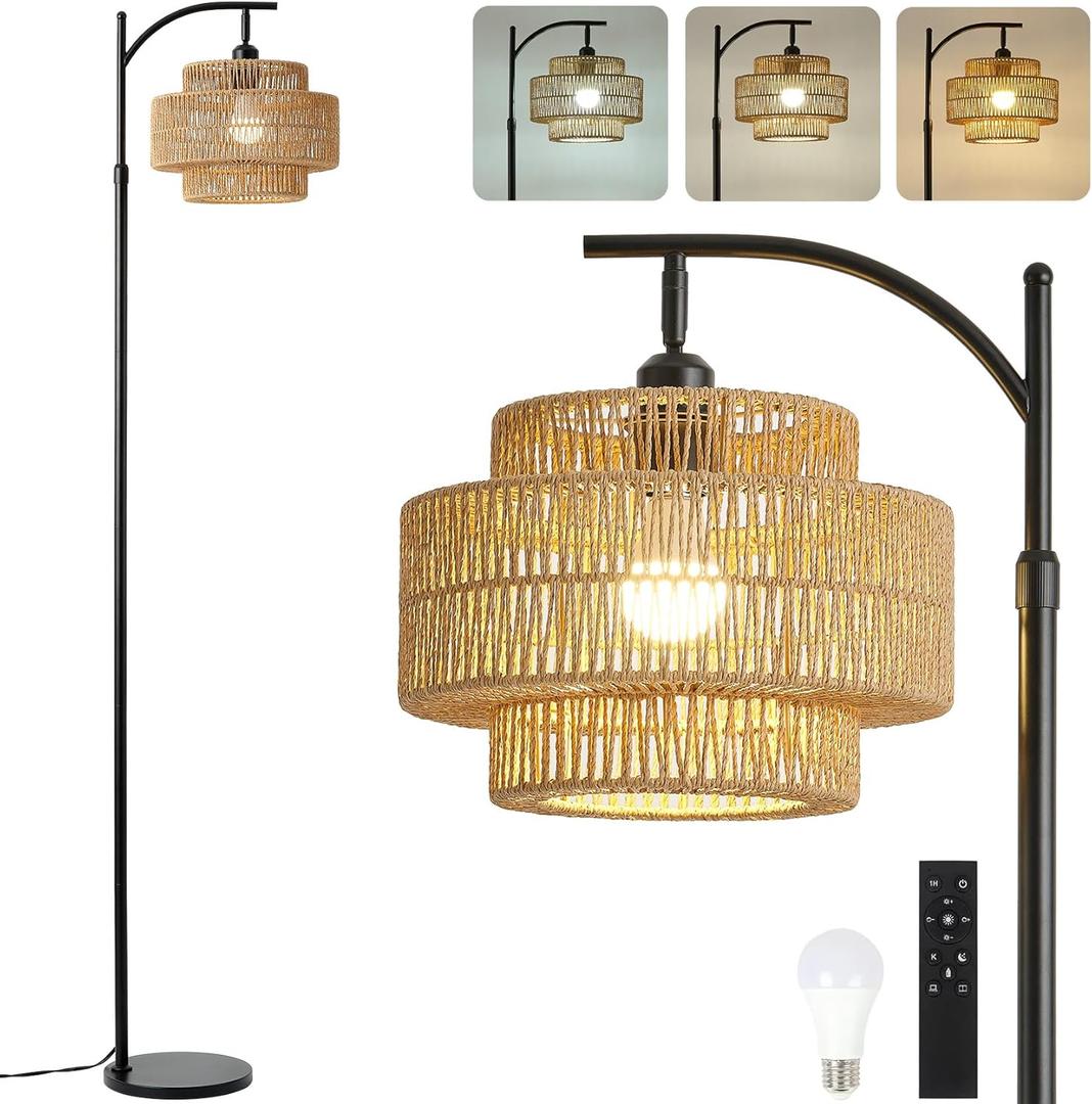 Boho Rattan Floor Lamp With Hand-Woven Wicker Shade for Living Room,Modern 3-Tier Tall Floor Lamp with 3 Color Temperatures Remote & Dimmable 9W Bulb for Dining Room Bedroom Office Hotel (Brown)