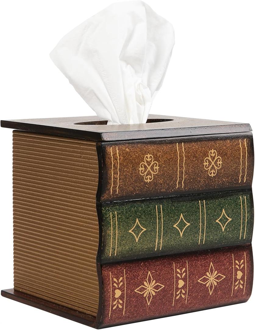 Crafted Classical Retro Wooden Antique Book Tissue Box Cover Square Tissue Holder Dispenser Paper Cover Case Napkin Holder Home Decor for Bathroom Living Room Office car Kitchen (Brown)