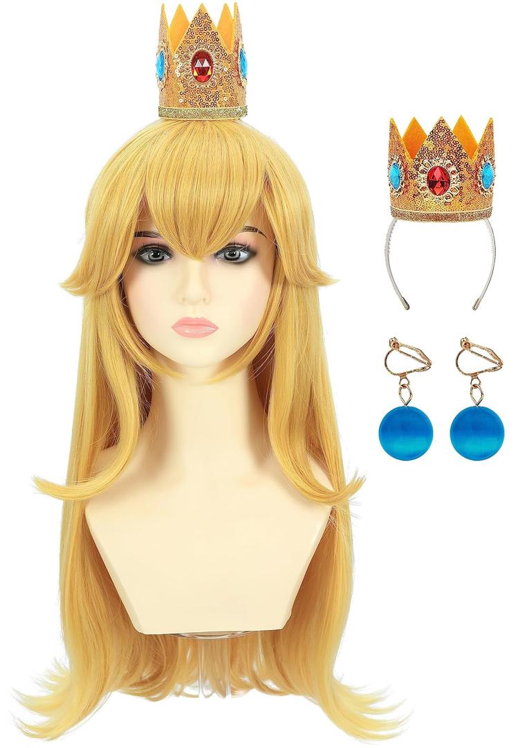 morvally Blonde Princess Synthetic Hair Cosplay Wig with Crown and Earrings Long Wavy Costume Wig Set for Girls Halloween Party (Kids)