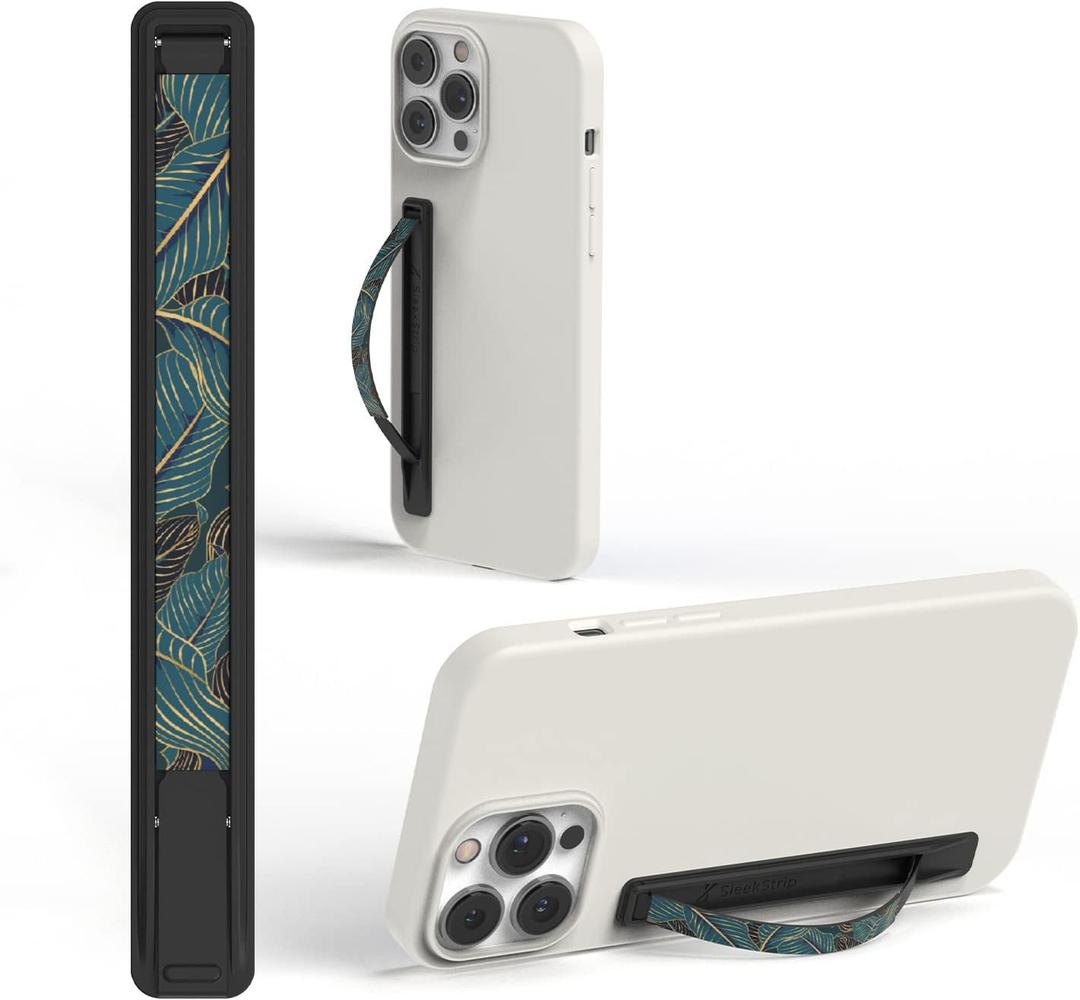 Phone Grip, Ultra Thin Cell Phone Grips Finger Holder Kickstand for Back of Phone, Loopy Case Swappable for Smartphones Wireless Chargers Car Mounts - SleekGrip Essential (Matte Black x Palm Leaf Green)