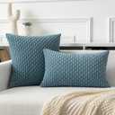 Kevin Textile Throw Pillow Covers Soft Corduroy Decorative Set of 2 Boho Striped Pillow Covers Pillowcases Farmhouse Home Decor for Couch Bed Sofa Living Room 16x16 Inch Blue Grey