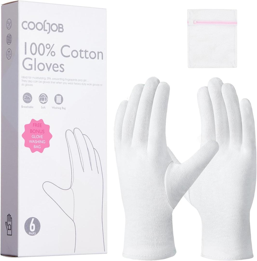 COOLJOB 6 Pairs 100% Cotton Gloves for Dry Hands Moisturizing & Eczema, Overnight Lotion, Sleep & Spa Treatment for Women & Men, Breathable Work Glove Liners, White, Small