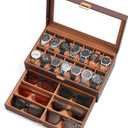 Watch Case Box for Men  14 Slots Watch Display Organizer with 6-Compartment Eyeglasses Storage, Real Glass Lid 2-Layer PU Leather Collection Holder Gift for Loved Ones Brown