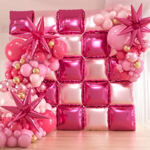 149pcs Pink and Gold Balloons Arch Kit - 25pcs Double Sided Hot Pink Flat Square Foil Balloons Wall Backdrop for Anniversary Bachelorette Birthday Valentines Day Party Decoration