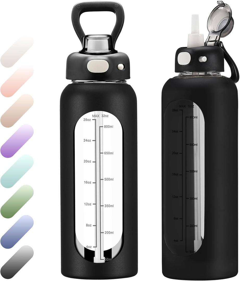 SIEROZUR 32 oz Glass Water Bottle with Straw and Handle 1 Liter Glass Water Bottle with Silicone Sleeve and Time Marker Sports Water Jug Wide Mouth for Travel Gym (Black)