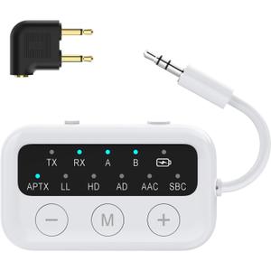 SafeFly Dot Bluetooth 5.3 Audio Transmitter Receiver for TV - AptX Low Latency, 25H Battery Life, Dual Pairing for 2 Airpods, 2-in-1 Wireless Adapter for Airplane, Car, Home Stereo, PC, MP3, Gym-White