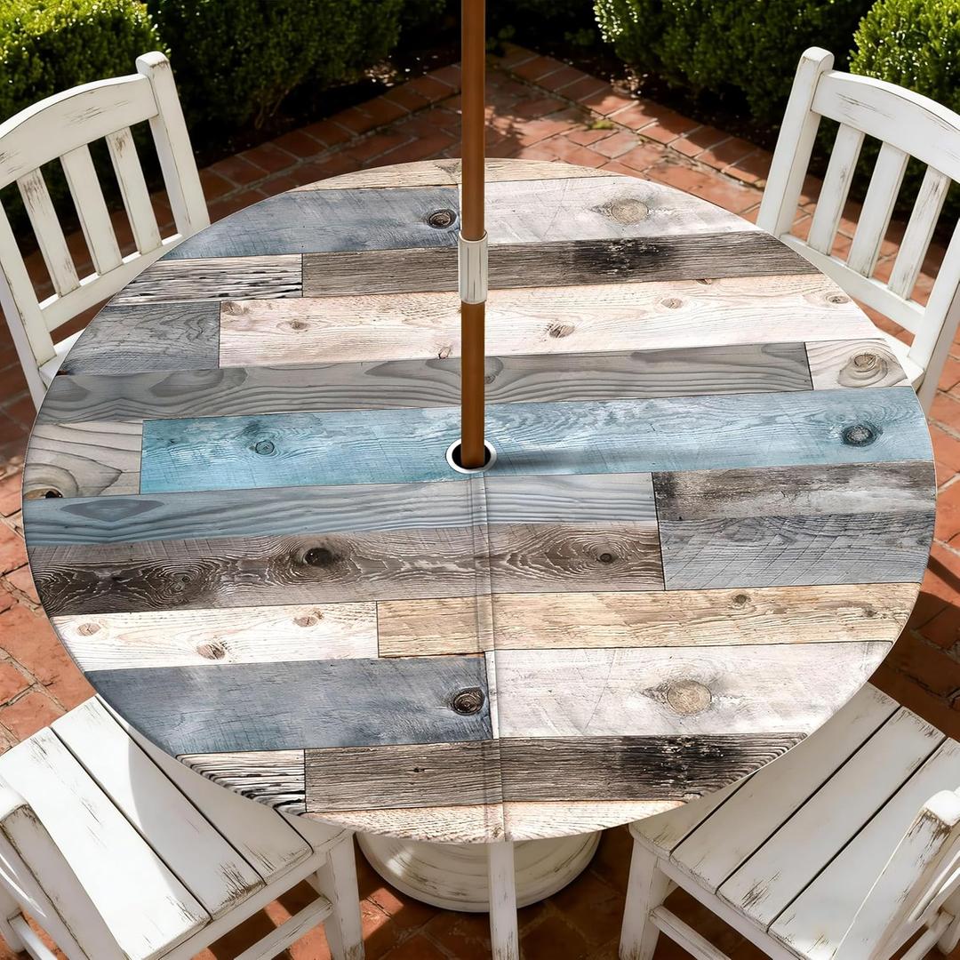 Outdoor Tablecloth with Umbrella Hole and Zipper, Round Fitted Patio Table Covers for Spring/Summer, Machine Washable Outdoor Picnic Table Cloth (Wooden, 45-52" Round)