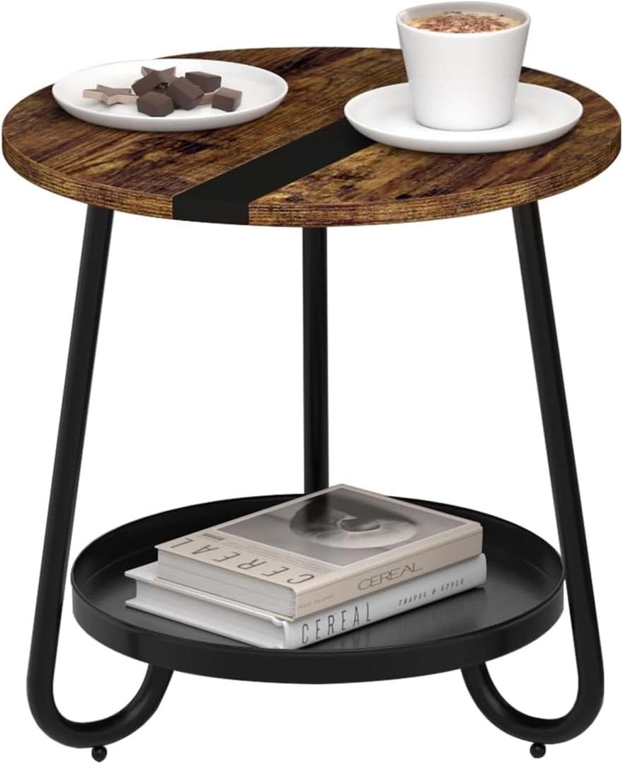 2 Tier Coffee Table in Living Room, Industrial Style Round Coffee Table with Metal Tray, Wood Small Outdoor Coffee Table for Bedroom Balcony Patio, Rustic Brown