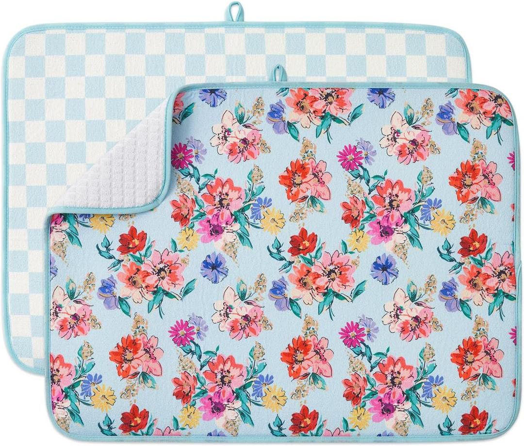 FRESHMINT Printed Dish Drying Mats for Kitchen Counter 2 Pack Absorbent Reversible Drying Mats Microfiber Kitchen Countertop Protector Dishes Drying Pad Extra Large 18"x24" Dish Mat (Checkerboard Florals)