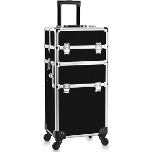 Makeup Train Case - 2 In 1 Aluminum Professional Rolling Cosmetics Storage Organizer With Locks and Folding Trays Black