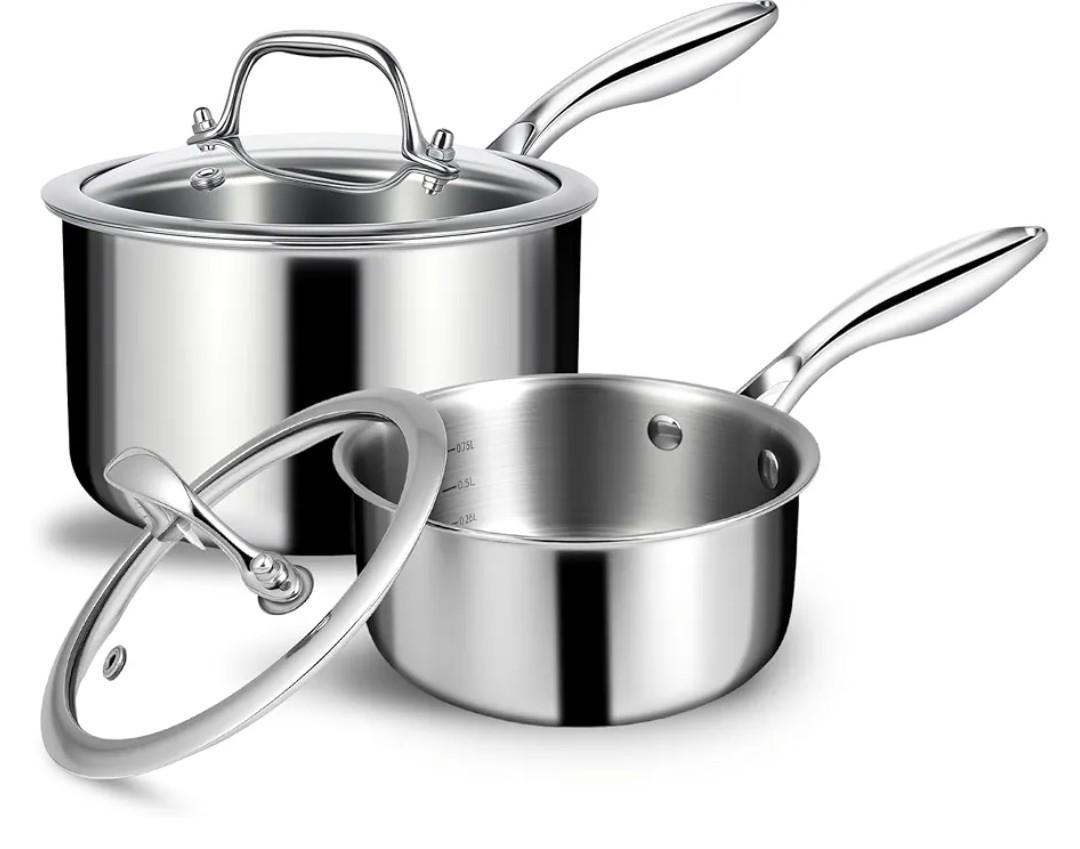 EWFEN 3 Ply Stainless Steel Sauce Pan Set with Lids, 1 & 2 Quart Multipurpose Cooking Pot, StayCool Handle, Induction Oven Dishwasher Safe, 1QT & 2QT