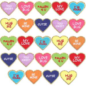 Juexica 24 Pcs Heart Shaped Iron on Patches Glitter Chenille Love Applique Embroidered Appliques Valentine's Day Transfers Sew on Fabric Patch for Clothes Jackets Backpack Hat Decoration(Bright)