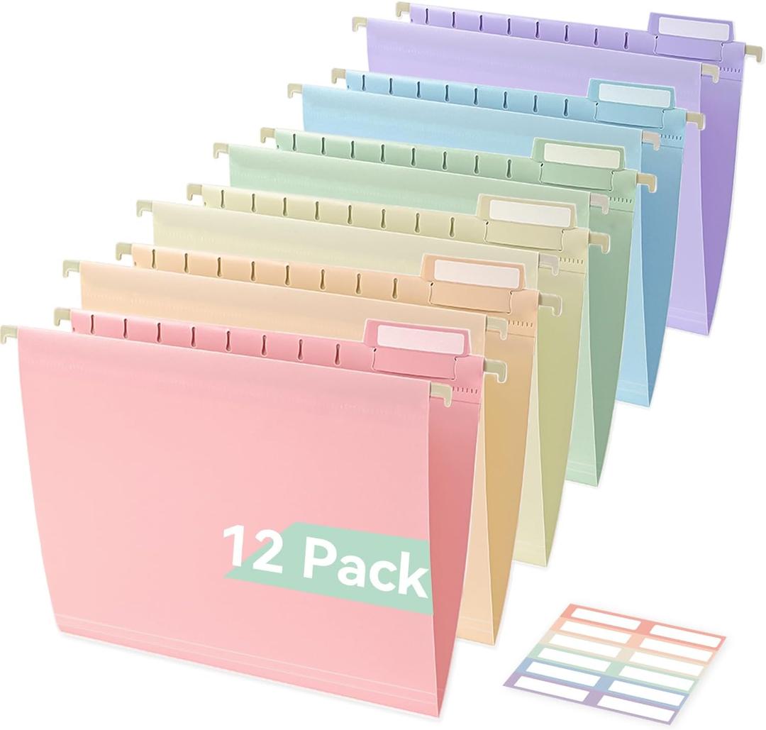SortRax Plastic Hanging File Folders, Sturdy & Tear-Resistant, Letter Size, 12 Pack with Insertable 1/5-Cut Tabs, Pastel Colors
