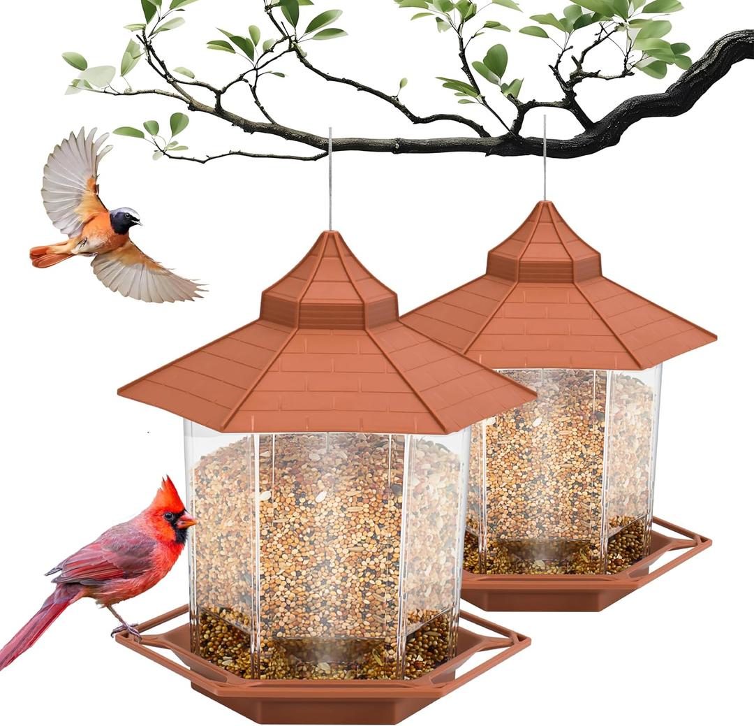 2 Pack Squirrel Proof Bird Feeders Hanging Wild Bird Feeders for Outdoors Attracting Cardinals Finches Goldfinches Outdoor Garden Quick Assembly(2, Brown)