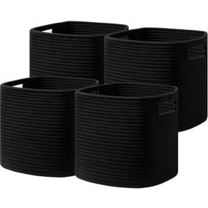 UBBCARE Set of 4 Storage Basket-13 X 13 X 13 in, Cotton Rope Basket for Shelves, Toys, Book, Cube Storage Bins with Handles, Woven Storage Basket for Organizing, Black