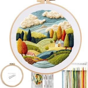 FONNUY Embroidery Kit for Beginners, Nature Hills Landscape Pre-Stamped Pattern Kits for Adults with Hoop, Easy to Follow Color Thread Needlework, 8'' Hoop (Scenic)