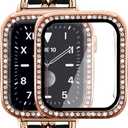 Mosonio Compatible for Apple Watch Band 41mm Series 9 8 7 with Screen Protectors Case Women, Jewelry Bracelet Metal Bands with 2 Pack Bling Cover(Rose Gold Link with Black Leather)